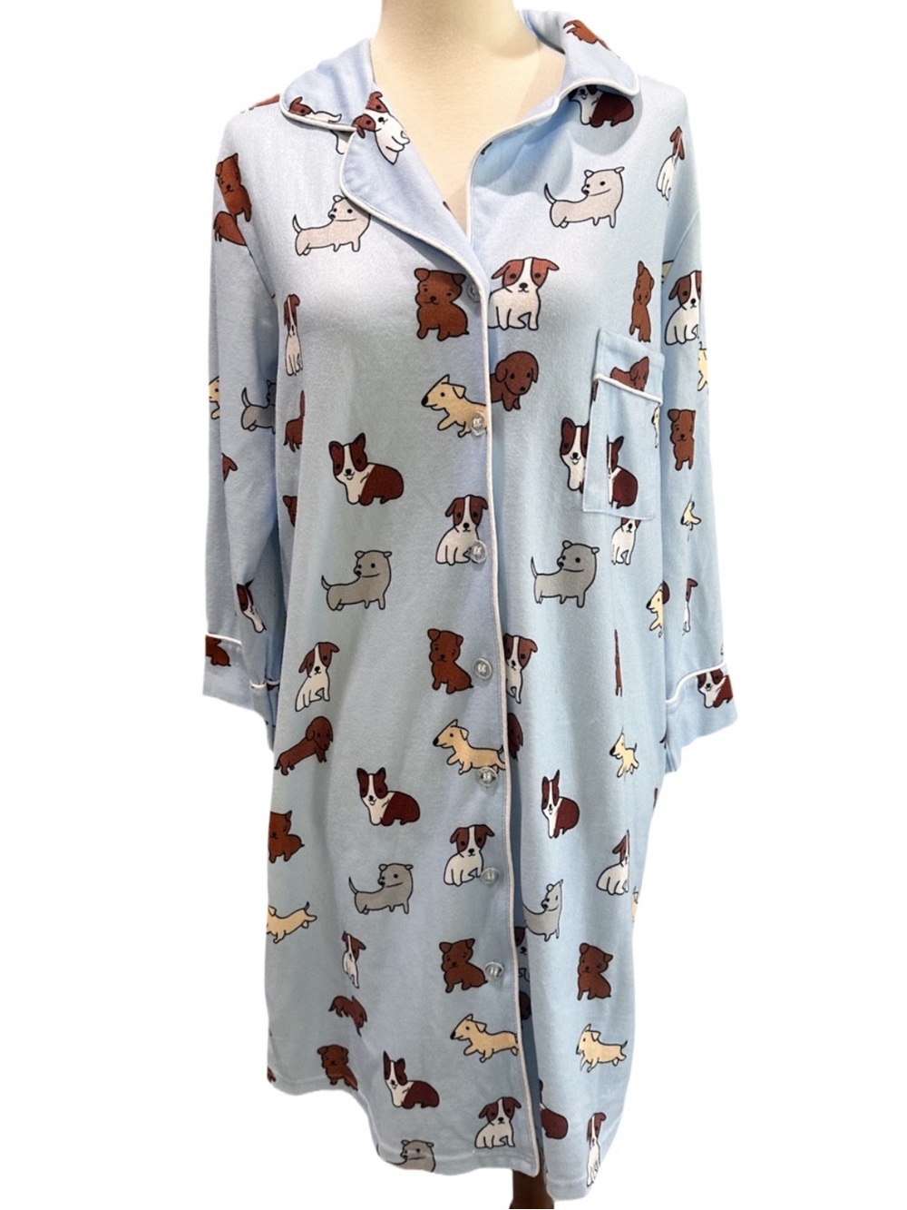 Aegean Apparel nightgown Light Blue Dog Print Button-Up Nightshirt Small